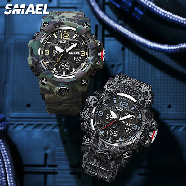SMAEL Dual Time Watch för män Mode Vattentät Quart Digital Armbandsur Väckarklocka LED Bakgrundsbelysning Kalenderklockor 8008 Camo Gray-Box