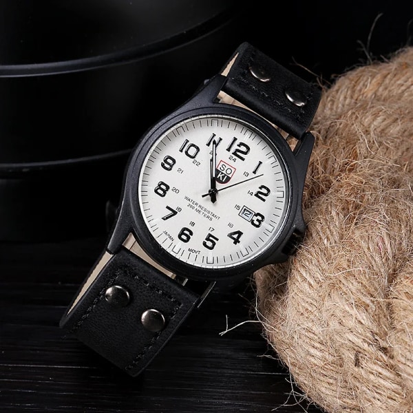 1 st Herr Circular Pointer Watch Läder Military Sports Date Quartz Watch Herr Coffee