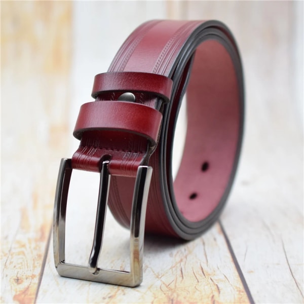 Herrbälte i legeringspänne Spänne i äkta läder för män Svart/kaffe/blått/grönt/rött/lila 3,8 cm brett byxbälte för jeans Wine Red 105CM