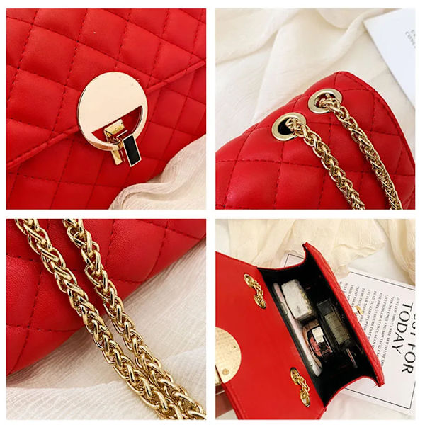 damväskor ny ankomst mode dam axelväska pu material diamant gitter kedjor crossbody väska svart röd färg Red