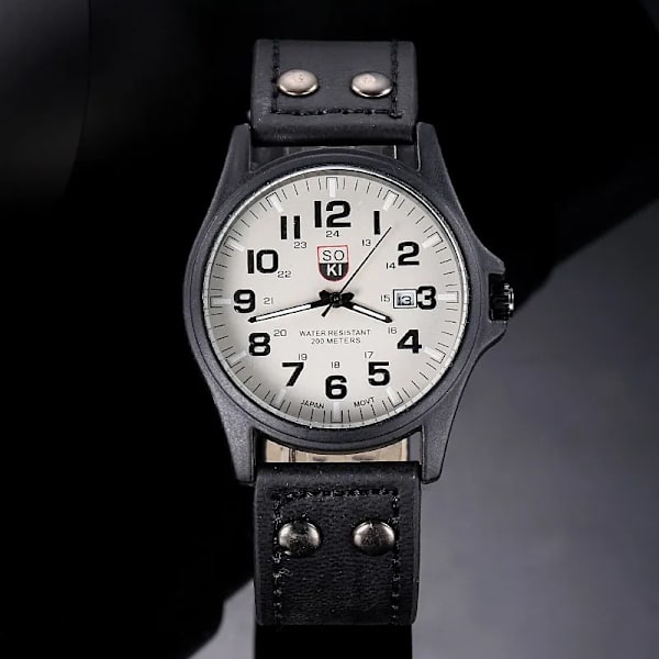 Märke Sport Militärklockor Mode Casual Quartz Watch Läder Analog Herr 2020 Ny SOKI Lyxarmbandsur Relogio Masculino Black White-A