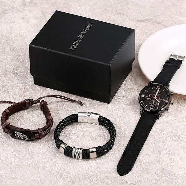 Klockor Set för män Läder Wolf Watch Top Märke Lyx 3PCS Quartz Watch Herrklocka Present till pojkvän Reloj Hombre Watch-Bracelet 03