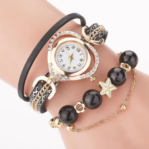 Damarmbandsklockor med pärlhänge Lyxiga damer Läder Quartz Strass Armbandsur Klocka Relogio Feminino black