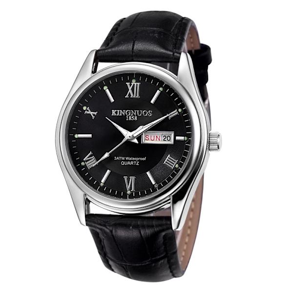 Topp Lyx Märke Klockor Business Quartz Armbandsur Rostfritt stål 30m Vattentät Datum Vecka Klocka Relogio Masculino Black Leather white