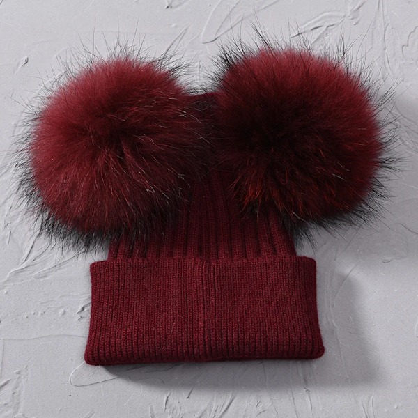 Dubbel Pompom-mössa för kvinnor, vintermössor, stickade mössor, mössor, beanies, flickor, två pompom-mössa Wine red match fur