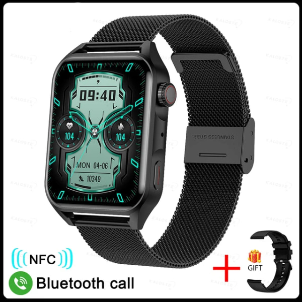 Ny NFC Smart Watch Herr AMOLED HD-skärm Visa alltid tiden Bluetooth Call IP68 Vattentät SmartWatch Dam För Huawei Mesh Belt Black