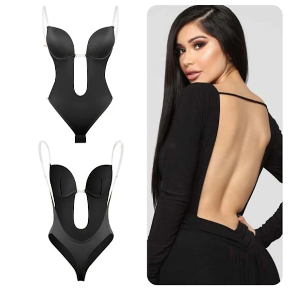 Dam Justerbar rygglös BH Shaper BH Body Sömlös stringtrosa Kvinnors djup V-ringad genomskinlig rem för fester Klänningar Underkläder Black M