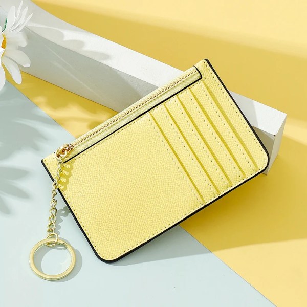 Enfärgad korthållare för kvinnor Supertunn liten kvinnlig plånbok Pu-läder Mini Business ID Case Damnyckelring Yellow