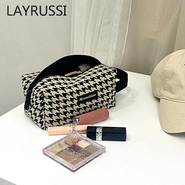 Layrussi Ny Houndstooth kosmetisk väska Klassisk dragkedja Kvinnlig Liten förvaringsväska Casual Bärbar Mini Sminkväska Canvas Handväska Bird grid