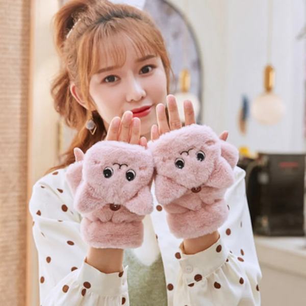 Kvinnor Vinterplysch Kattvantar Fingerlösa handskar Plysch Varmhandske Vinter Mjuka Tjocka Handskar för Kvinnor Tjej Flexibel Halvfinger Grey Rabbit Gloves One Size