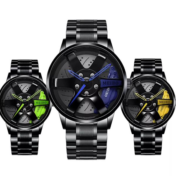 Watch för män för vattentät vakuumplätering med bilhjulsfälgnavdesign sportautomatiskt armbandsur Mesh Belt Yellow