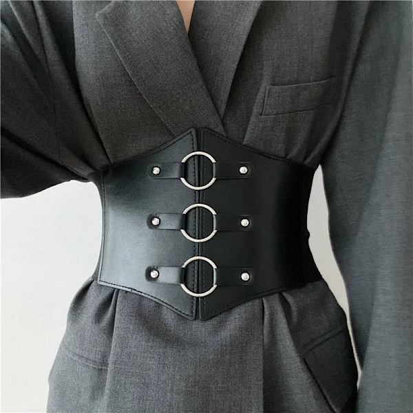Mode gotiska elastiska bälten för kvinna Sexig svart Pu-läder brett korsettbälte Kvinnlig Cinturones Para Mujer Heart Cummerbunds round One Size