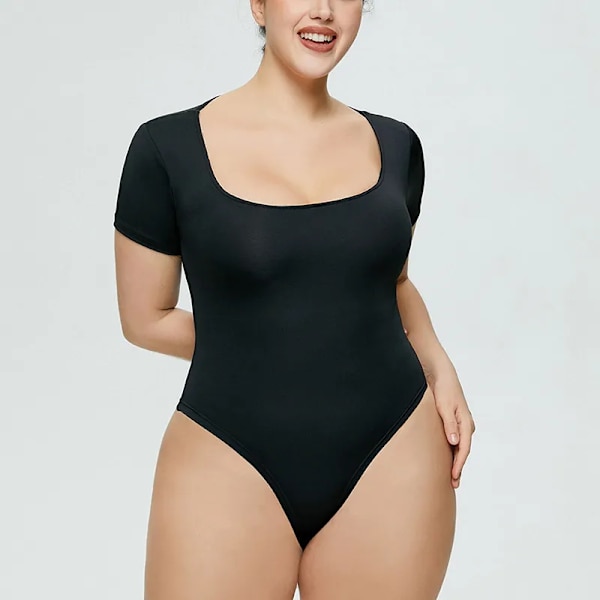 Body för kvinnor Magkontroll Shapewear sömlösa kortärmade stringtrosor med fyrkantig hals Sculpting Klassiska tighta skjortor med gren Black XXL