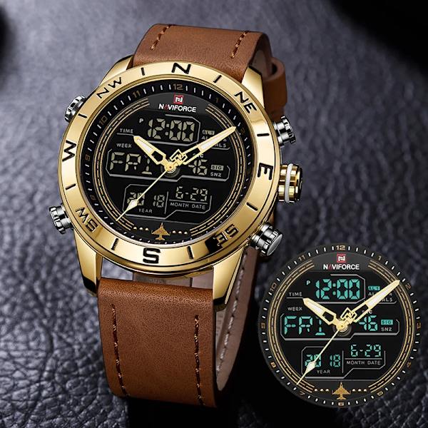Lyxmärke Herr NAVIFORCE 9144 Army Military Watch Digital Läder Sport vattentäta Klockor Kvarts Herrklocka Relogio Masculino GGLBN BOX