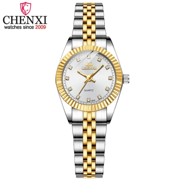 CHENXI Dam Guld & Silver Klassisk Quartz Watch Dam Elegant Klocka Lyx presentklockor Dam Vattentät Armbandsur 004A IPG White