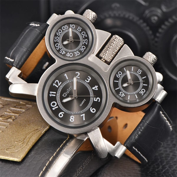 Punk stil män klockor Oulm 1167 New Retro Man Quartz Watch Unik 3 Tidszon Quartz Clock Läder Man Military Armbandsur black black