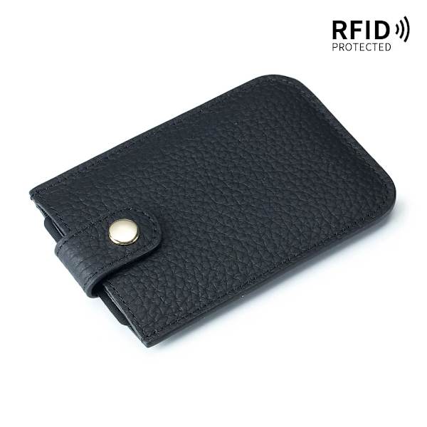 Smal korthållare i äkta läder Snabb åtkomst dragflik RFID-foder Mjuk kohud Män Kvinnor Bärbar cover. Black