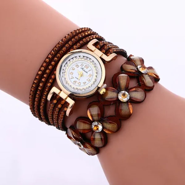 Märke Mode Dam Blomma Kristallklocka Watch Casual Lyx Läder Strassarmbandsklocka Watch Feminino Brown