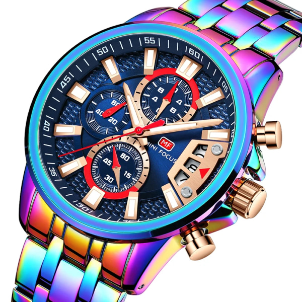 MINI FOCUS Luxury Sports Quartz Watch för män Mode Chronograph Multifunktion Vattentäta klockor Rostfritt stål Armband Klocka RAINBOW BLUE