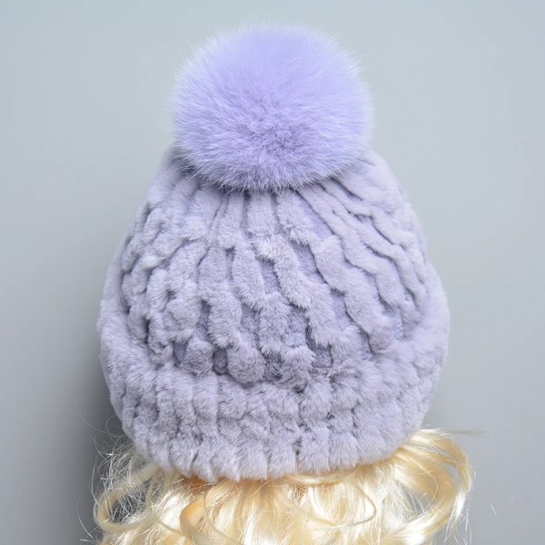 Europeiska Station Lyxiga Kvinnors RexRainbow Hattar Dam Vinter Varm Beanie Mössa Bucket Hat Med Pom Poms color 2 elasticity 52-60cm