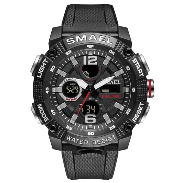 SMAEL Dual Time LED Display Digital watch för män Vattentät Simning Quartz Sportklockor Auto Date Alarm Clock Armbandsur 8039 Black
