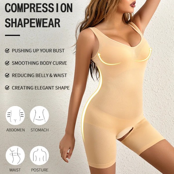 Kvinnor Öppen gren Kompression Bantning Bodysuit Shapewear Korsett Body Shaper Modellering Underkläder Höftlyftare Magkontroll Trosor Skin M-L