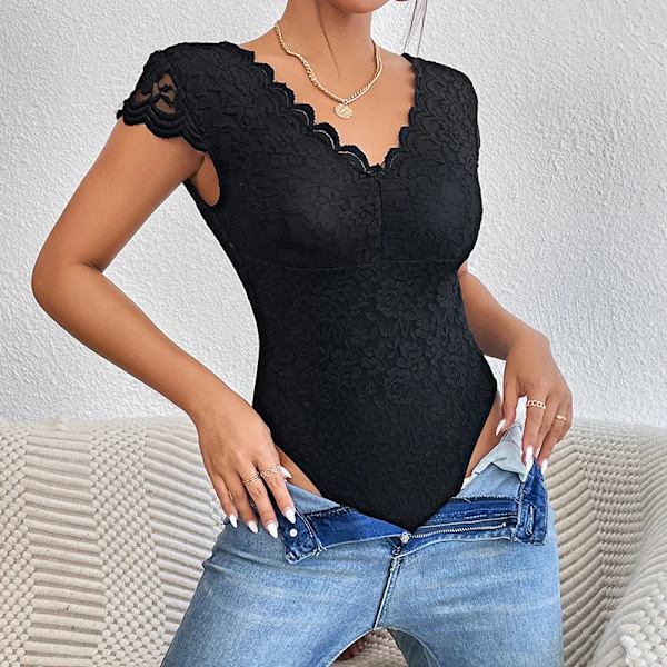 Sommar Sexig Body Shapewear Dam Djup V Långärmad Kortärmad Sexig Slim Fit Stretchy Casual Daily T-shirts Bodysuit Toppar Black S