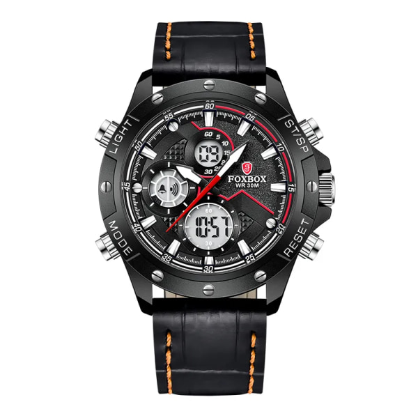 2023 Ny Dual Display Herrklockor Lyx Sport Vattentät Kvarts Elektronisk Watch För Män Mode Läder Lysande Kronograf L Black and red