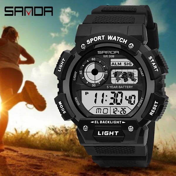 SANDA Herr Elektronisk Watch Lysande Vattentät Multifunktionell Utomhussport Herrklockor Watch Relogio Masculino 6009 Black White