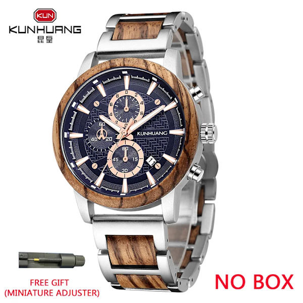 KUNHUANG Träklockor Lyxig lysande multifunktions träkvarts watch för män Mode Sport Klockor Zegarek męski silver blue