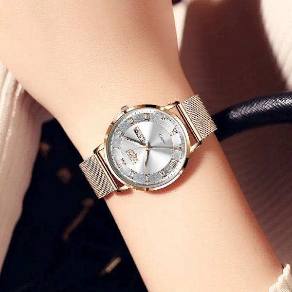 LIGE Märke Damklockor Ultratunna Lyx Watch Mode Damklocka Rostfritt stål Vattentät kalendervecka Armbandsur Leather gold black