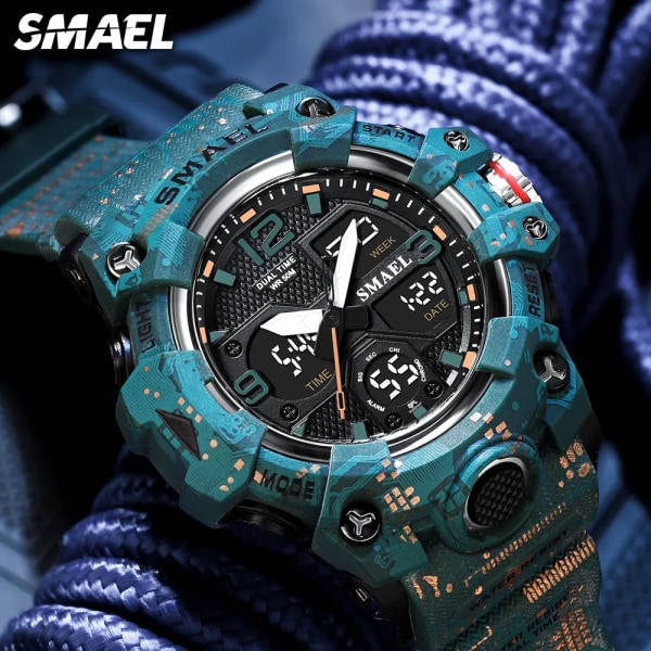 SMAEL Camouflage Sport Digital Watch for Herr Auto Date Chronograph Quartz Analog Watches Luxury LED Electronic Arms Watch 8008 Camo Black