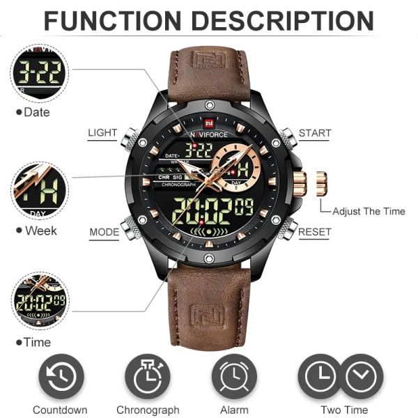 NAVIFORCE Digital Herr Watch Vattentät Armbandsur LED Quartz Klocka Sportklocka Man Stora Watch Herr Relogios Masculino BN B With Box