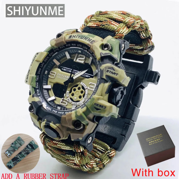 SHIYUNME Watch med kompass Vattentät herrsportklocka herr LED-kvarts watch med dubbla displayer Relogio Masculino Khaki box strap