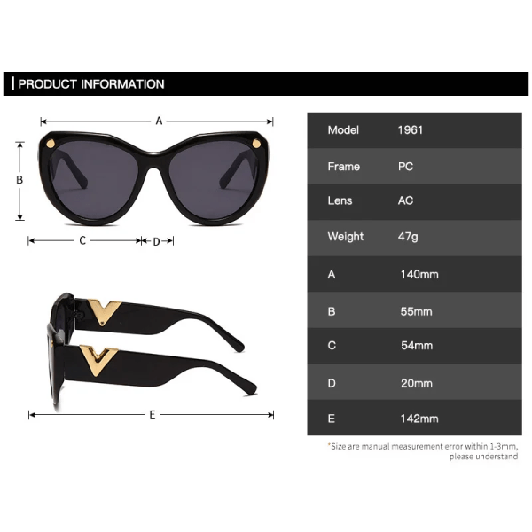 Nytt lyxvarumärke Svarta överdimensionerade solglasögon Dam Raffinerad design Stora stora solglasögon Dammode V Cat Eye Solglasögon Uv400 C3 look picture