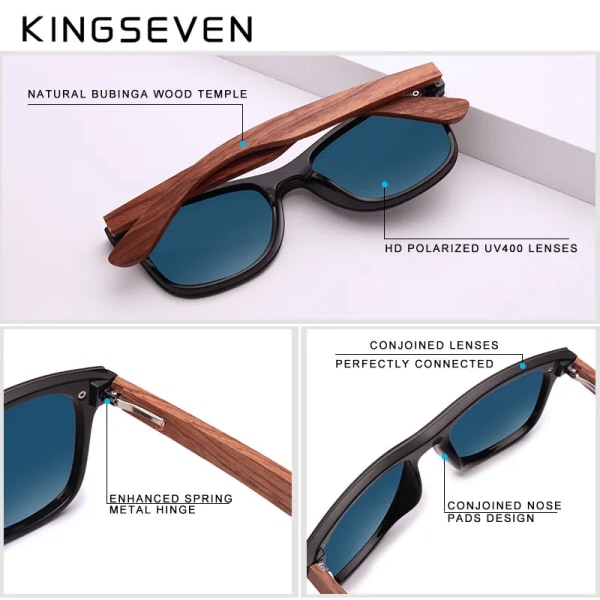 KINGSEVEN Naturligt trä Solglasögon Män Polariserat Mode Solglasögon Original Trä Oculos De Sol Masculino Blue bubinga wood Original
