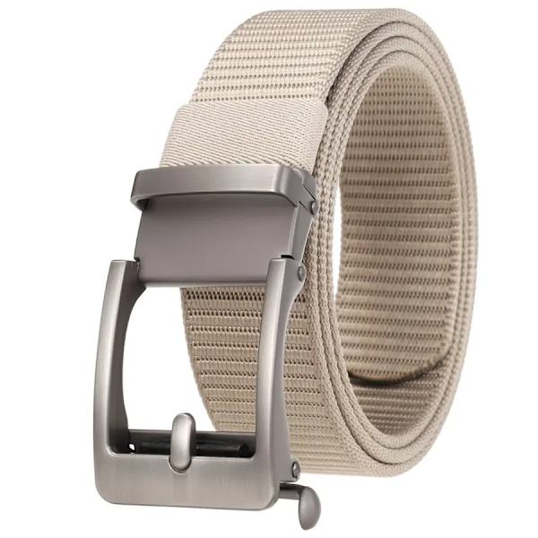 Nylon läderbälte för män Nytt tandlöst bälte med spänne hane midjeband Bredd: 3,5 cm Längd: 120 cm beige silver 115CM