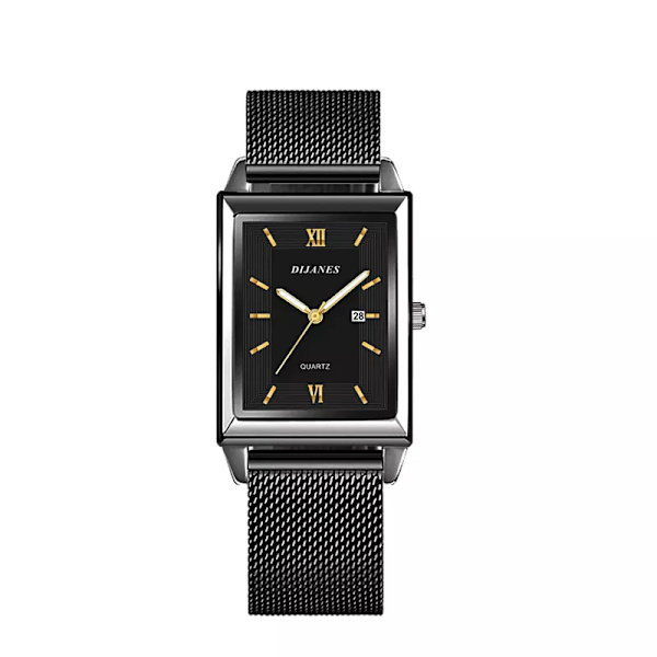 Mode Herr Affärsklockor Herr rektangel i rostfritt stål Mesh -bälte Quartz Watch Man Casual Watch Mesh Black Gold