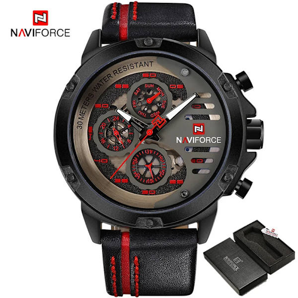 NAVIFORCE Herrklockor Toppmärke Lyx Vattentät 24-timmarsdatum Quartz Watch Man Läder Watch Herr Vattentät klocka BRB BOX