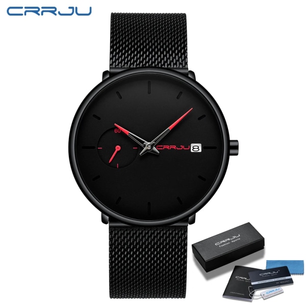 CRRJU Herrklockor Lyx Watch Unik design i rostfritt stål Auto Date Mesh Armband Män Mode Casual Quartz Klockor 2258-red BOX