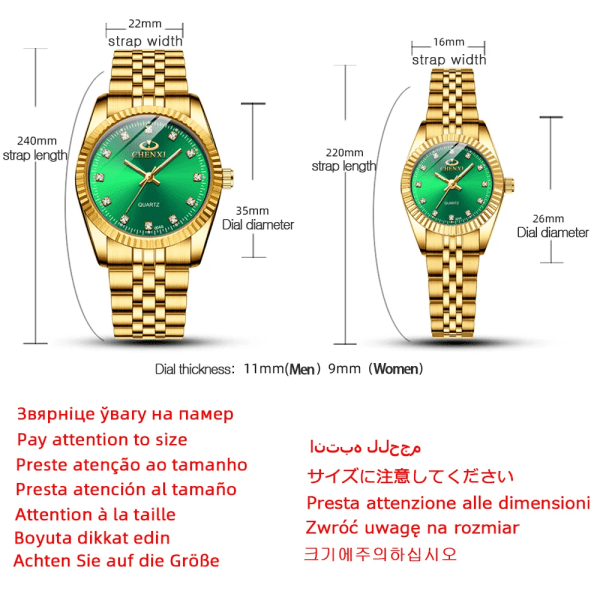 CHENXI Mode Lyx Herr Watch Guld Blå Kvarts Watch Rostfritt stål Par Klocka Casual Vattentät Herrklockor Men Golden Black