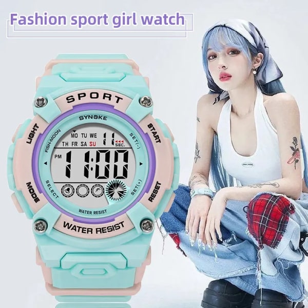 Mode Lyx Dam Klockor 50M Vattentät Utomhussport Elektrisk klocka Multifunktionell Dam Digital Watch reloj hombre blue