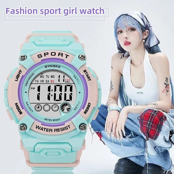 Mode Lyx Dam Klockor 50M Vattentät Utomhussport Elektrisk klocka Multifunktionell Dam Digital Watch reloj hombre sky blue