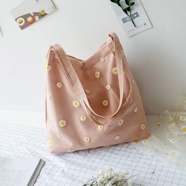 Canvas liten axelväska Handväska Söt shoppingväska för kvinnor Shopper Kvinnliga tjejer Miljöåteranvändbara hopfällbara väskor Beige