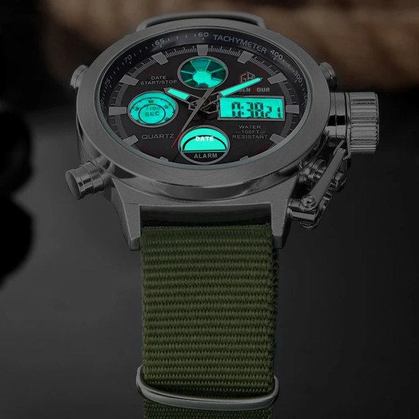 GOLDENHOUR Top Lyx Märke Utomhus Sport Watch Herr Army Canvas Klockor Auto Date Display Quartz Armbandsur Relogio Masculino Black