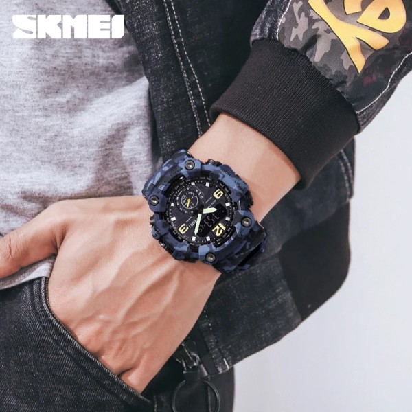 SKMEI 1637 Dual Movement 3 Time Sport Armbandsur Herr Vattentäta Elektroniska Klockor montre homme Stötsäker Digital Watch Green camo