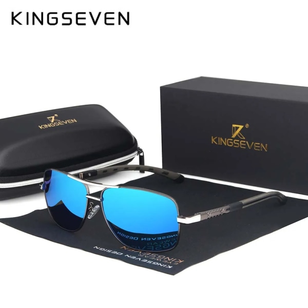 KINGSEVEN 2019 Märke Män Aluminium Solglasögon HD Polarized UV400 Mirror Man Solglasögon Dam För Män Oculos de sol N724 Gun Blue Original