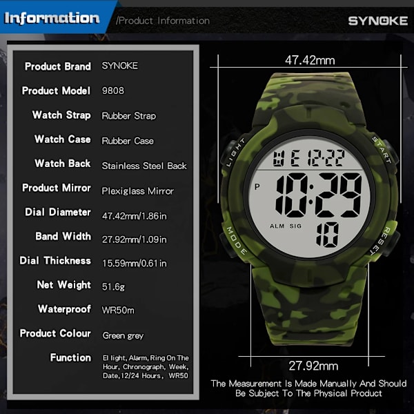 SYNOKE Big Numbers Watch Herr 50M Vattentät Manklocka Alarm Stoppur Multifunktion Digitala klockor Relogio Masculino Upgrade - Grey