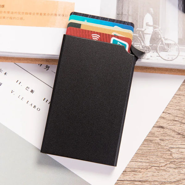 Aluminium Korthållare Metall Män kreditkortshållare Rfid Blockering Mini Slim Plånbok Automatisk Pop up Case Protector Black