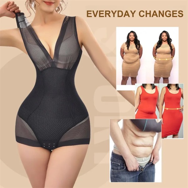 Flarixa Sexig Mesh Shapewear Kvinnor Body Push Up BH Redress Linne Waist trainer Tummy Tuck BodyShaper Transparent Underkläder Black L(53-60kg)